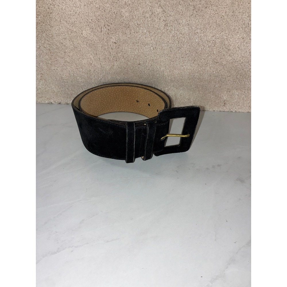 Express Black Suede Belt - M - Vintage Wide Buckle Made in USA 90s Minimalist